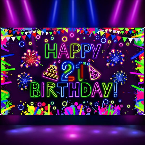 Neon Birthday Party Decorations Neon Happy 21st Birthday Banner Backdrop Glow in The Dark Party Decorations with UV Black Light Reactive for Let Glow Neon Birthday Blacklight Halloween Party Supplies