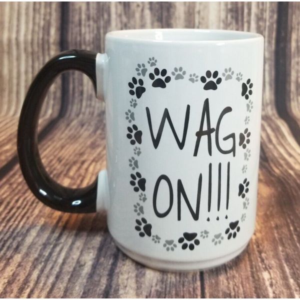 Dog Paw Print Wag On! Ceramic Coffee Mug 16 oz Black White Pet Lover Gift