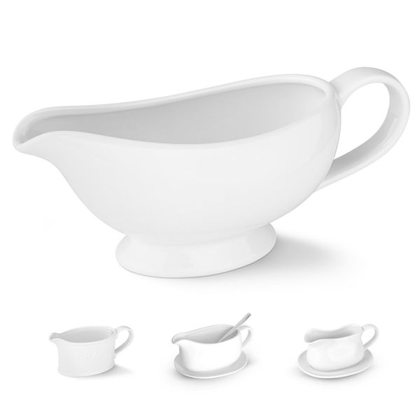 Kook Ceramic Gravy Boat, Serving Dispenser, Porcelain Pitcher for Sauces, Dressings and Creamer, Large Handle, Microwave and Dishwasher Safe, 21 oz, White