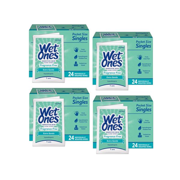 WET ONES Sensitive Skin Hand Wipes, Singles Extra Gentle Fragrance & Alcohol Free 24 ea ( Pack of 4)
