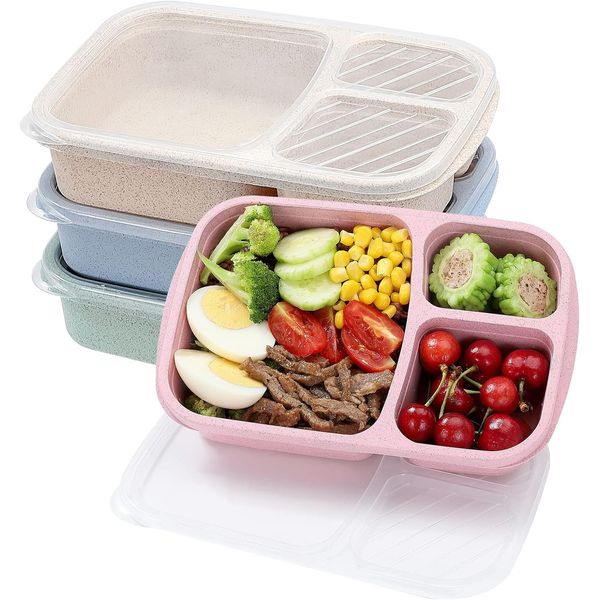 Bento Lunch Box 4 Pack Set Wheat Straw Meal Food Storage Containers 3Compartment