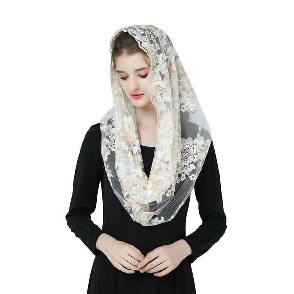 BEAUTELICATE Church Chapel Veil Lace Mantilla With Embroidery Infinity Formal Head Cover Scarf For Women Catholic Latin Mass Holy Communion Religious Ceremony Champagne Infinity