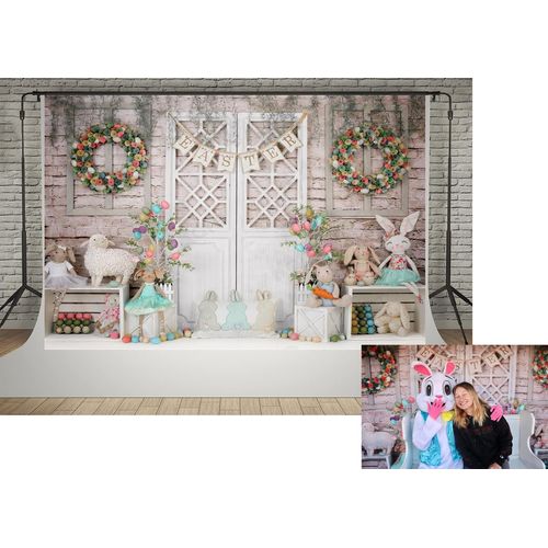 Kate 7x5ft Spring Happy Easter Day Photography Backdrops Colorful Eggs Cute Rabbit Toy Photographic Background Retro Gray Wall White Door Baby Shower Newborn Shooting Backdrop