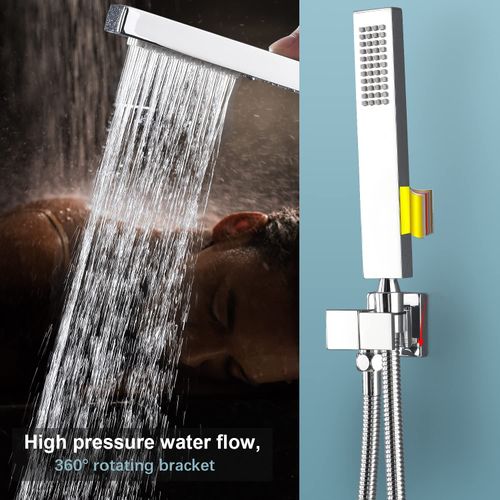 ENGA Square Solid Brass Hand Held Wand Shower Head with Wall Connector and Stainless Steel Hose Set, Chrome
