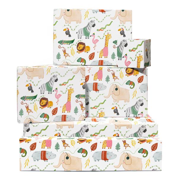 Kids Wrapping Paper Christmas - 6 Sheets Of Jungle Gift Wrap - Safari Animal Wearing Clothes - For Birthday Baby Shower Autumn - Recyclable - By Central 23