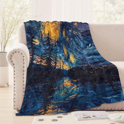WKEDIN Starry Night Forest Blanket,50x60in,Cozy Flannel Throw with Swirling Sky Pine Tree Reflective River Design,Soft Lightweight Gifts Blankets for Women,Sofa Bed Travel Camping Decor