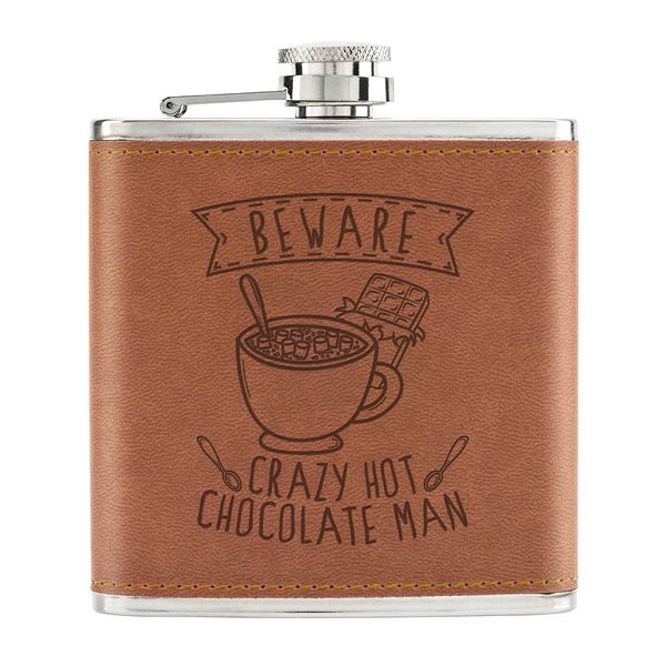 Beware Crazy Hot Chocolate Man 6oz PU Leather Hip Flask Tan