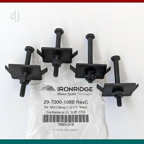 Pack of 4 Ironridge Solar Panel Mid Clamps F-G 2.5" Hex Bolt 29-7000-108 Black