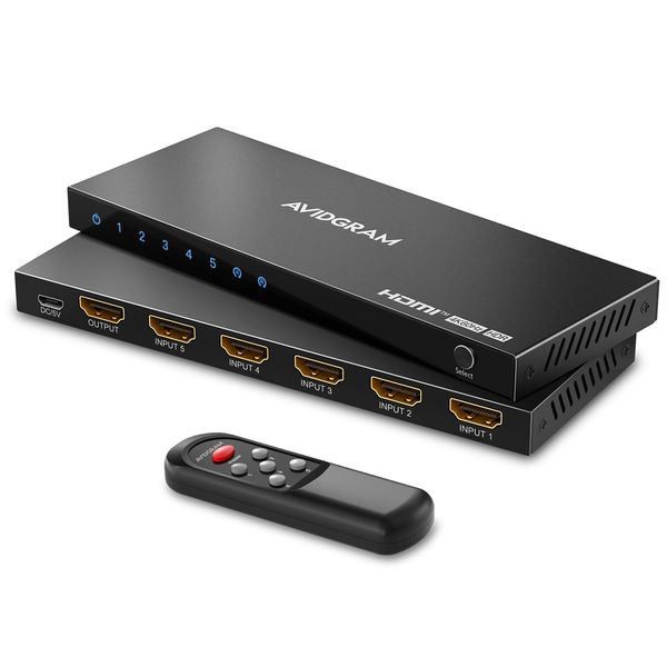 HDMI Switch 4K 60Hz, AVIDGRAM HDMI 2.0 Umschalter 5 in 1 Out, 5 Port HDMI Selector Box with IR Remote Control Support HDCP 2.2 HDR10 3D 18Gbps for Xbox PS4 HDTV Monitor