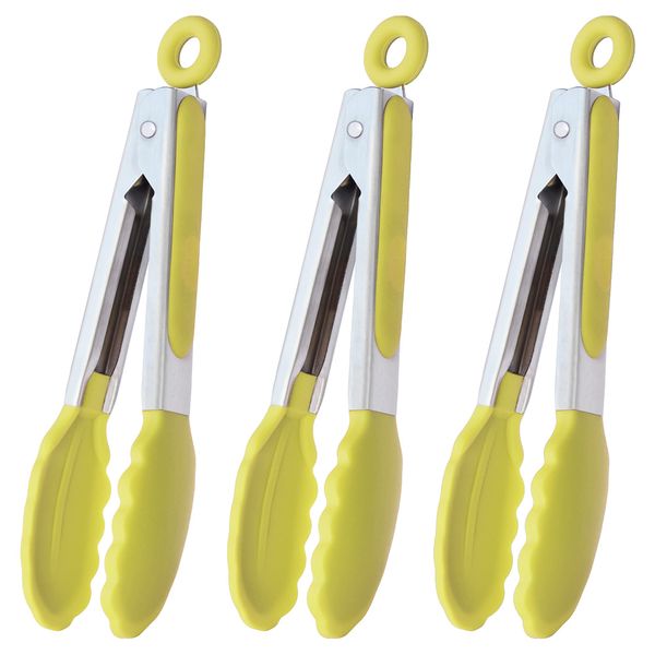 HINMAY Small Appetizer Tongs 7-Inch Silicone Tipped Kitchen Tongs, Set of 3 (Yellow)