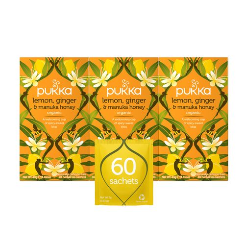 Pukka Organic Tea Bags, Lemon, Ginger & Manuka Honey Herbal Tea, Perfect for Everyday Wellness, 20 Count (Pack of 3) 60 Tea Bags