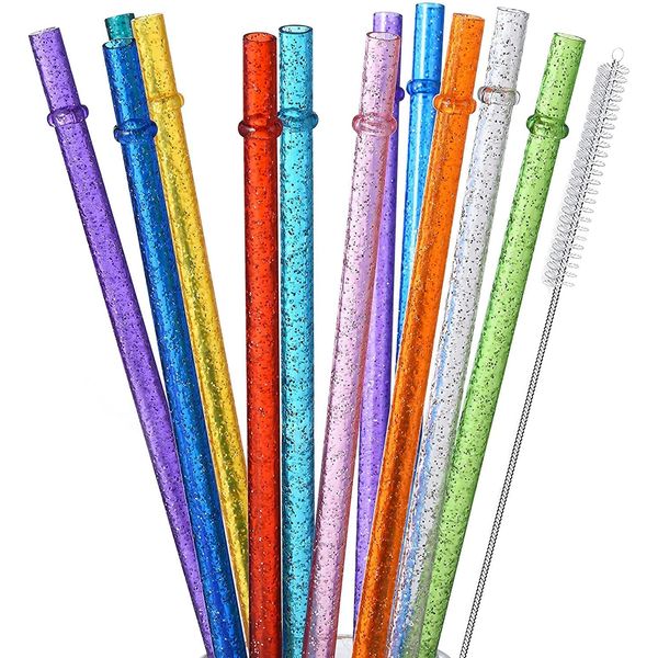 ALINK 12-Pack Glitter Reusable Thick Plastic Straws, 11" Long Hard Tumbler Drinking Straws with Cleaning Brush