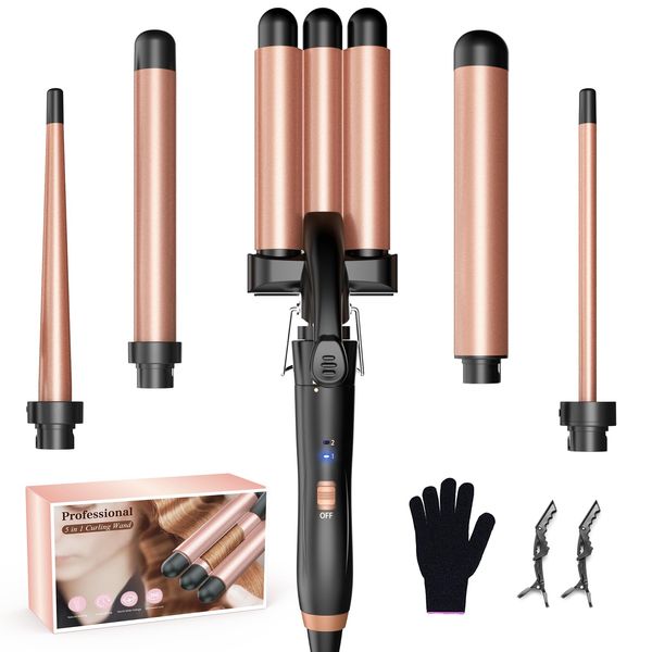 BESTOPE MIX Welleneisen Set 5 in 1, Lockenstab mit Verschiedenen Aufsätzen Einstellbare Temperatur Keramik Lockenstab Große Locken Schnellaufheizung lockenstäbe 3 Fässer für Lange/kurze Haare