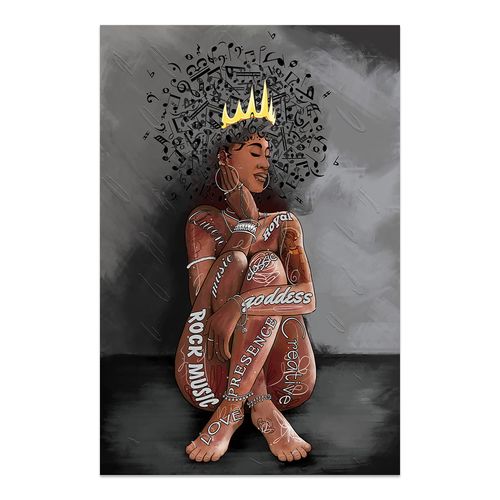 Black Queen Music Hair Wall Art Abstract Canvas African Women Bedroom Office Artwork Painting Music Note Wall Decor Love Music and tattooed Girl Poster Contemporary Home Decor Framed Ready to Hang