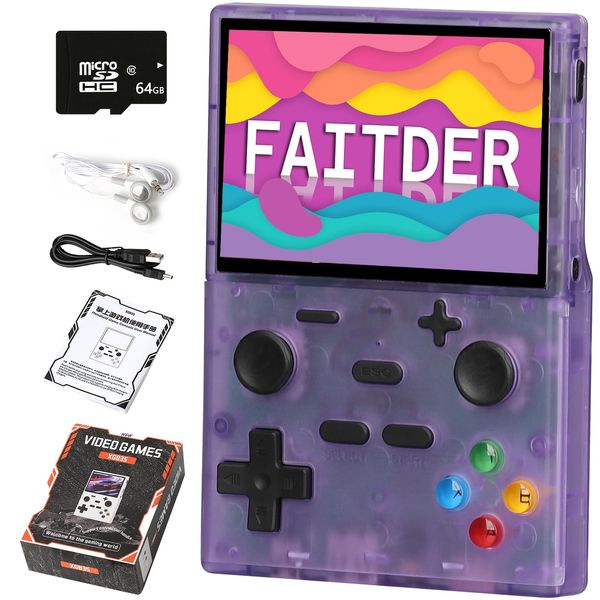 FAITDER - XGB35 3.5-inch Retro Video Game Console with 64GB TF Card, Support for 13,000+ Games, Portable Rechargeable Output TV Open Source (Linux System) Console Emulator Children's Gifts（Purple）