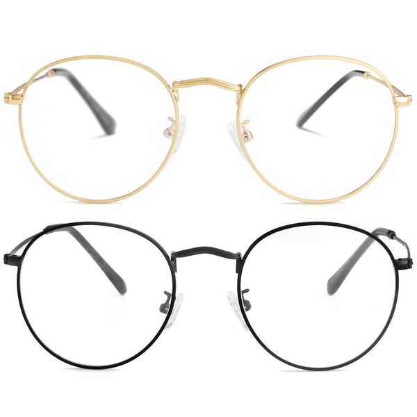 Kursan Classic Round Clear Lens Glasses for Women Men Circle Metal Frame Non-Prescription Eyeglasses (A7 Gold + Black (Clear Lens), 50)