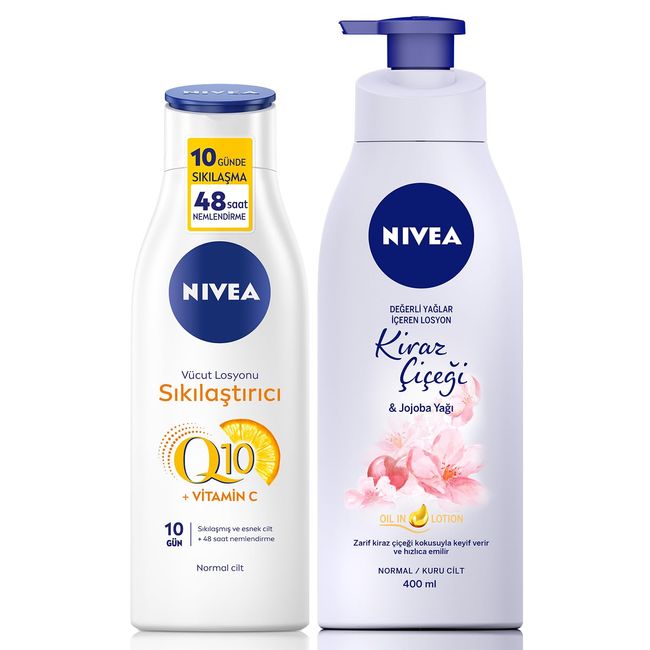 NIVEA Q10 ve C Vitamini Sıkılaştırıcı Vücut Losyonu 250 ml ve Kiraz Çiçeği ve Jojoba Yağı İçeren Nemlendirici Vücut Losyonu 400ml