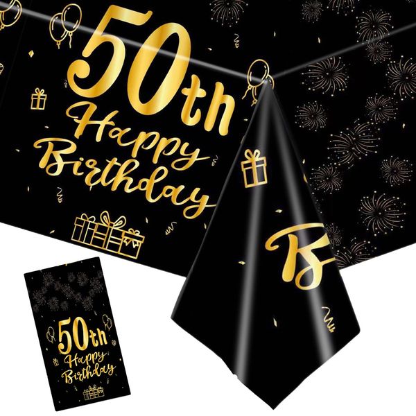 137*274cm Black Gold 50th Birthday Table Cloth for Women,Men,50th Birthday Table Decorations Plastic Tablecloths Disposable Tablecover for Woman,Men,Ladies,Him,Her 50th Birthday Gifts Party Decoration