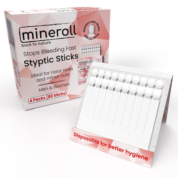 Mineroll Styptic Stick Shave Accessories (4-Packs, 80-Sticks) Stops Bleeding for Razor Nicks and Minor Cuts for Men & Women, Sanitary and Great for Barbers & Personal (1)