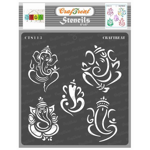 CrafTreat Indian Stencils for Painting on Wood, Wall, Tile, Canvas, Paper, Fabric and Floor - Ganeshas Stencil - 6x6 Inches - Reusable DIY Art and Craft Stencils - Indian Elephant God