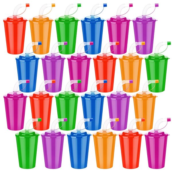 Zubebe Neon Straws Cups 12 oz Colorful Neon Cups with Sipper and Lids Plastic Cups Favor Cups Reusable Straw Cups for Birthday Party Events Supplies, 6 Colors(24 Pcs)