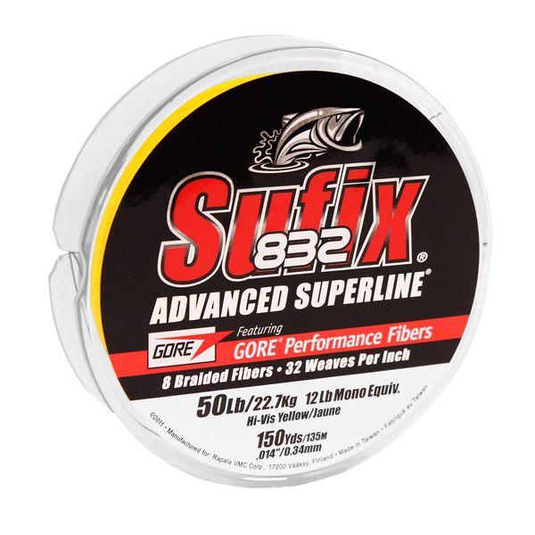 Sufix 832 Advanced Superline Braid, Hi-Vis Yellow, 80-Pound/150-Yard Spool