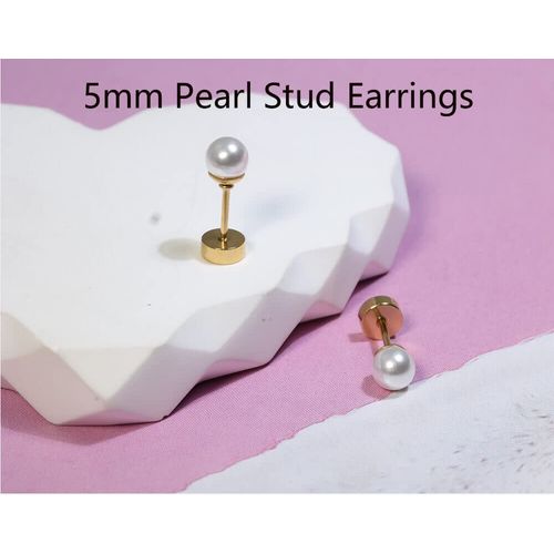 14K Gold Screw Back Pearl Stud Earrings for Women,Flat Back Pearl Cartilage Earrings Pearl Helix Earrings Hypoallergenic 316L Surgical Steel Piercing Jewelry Gift for Girls Toddlers (5mm Pearl, Gold)