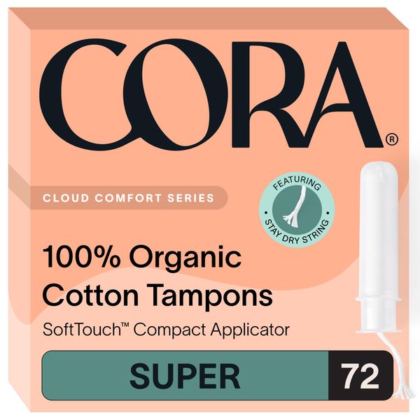 Cora Organic Applicator Tampons | Super Absorbency | 100% Organic Cotton, Unscented, BPA-Free Compact Applicator | Leak Protection | Packaging May Vary | 72 Total