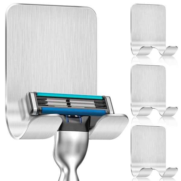 Caianwin Pack of 4 Razor Holder Shower Self-Adhesive Hooks Razor Holder Shower Stainless Steel Adhesive Hooks Bathroom and Kitchen Towel Holder No Drilling Silver