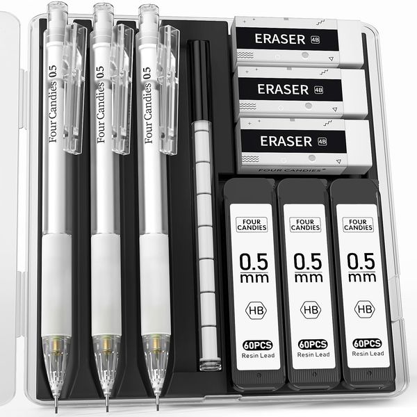 Four Candies Cute Mechanical Pencil Set with Case - 3PCS Pencils 0.5mm with 180PCS HB Lead Refills, 3PCS Erasers & 9PCS Eraser Refills, White Clear Mechanical Pencil for Students Drawing, Writing