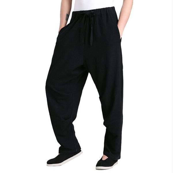 ZooBoo Men's Martial Arts Pants Kung Fu Linen Trousers Tang Suit Pants (XXL, Black)