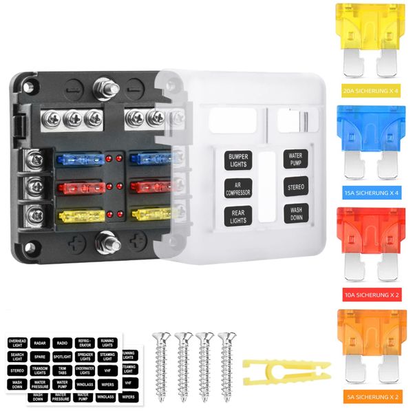 6 Fach Flachsicherung,12V Sicherungshalter KFZ Sicherungskasten 12 Sicherungen Wasserdichte Sicherungsblock mit LED-Anzeige Positiver Negativer für DC 12V / 24V Auto LKW Boot VAN SUV Marine Fahrzeug