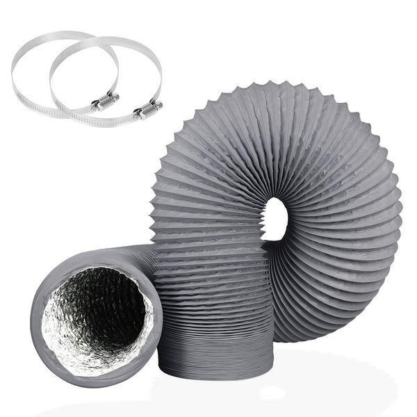 4Inch 10FT (3m) Long Flexible Aluminum Air Ducting, Grey 4 Layer Tumble Dryer Vent Hose for HVAC Ventilation, Extractor Fan Systems, 2 Stainless Steel Clamps Include