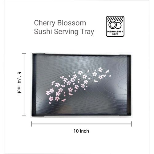 JapanBargain, Set of 2 Japanese Trays Tea Tray Sushi Plate Small Snack Tray Tempura Tray, Wood Grain Pattern, Made in Japan, 10x6.25 inch (Black w/Sakura)