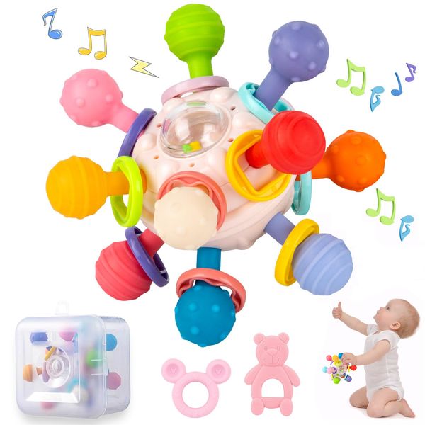 ODAPTO Pink Silicone Teether & Rattle for 0M+, Montessori Toy, Food Grade, Hand-Eye Coordination Box