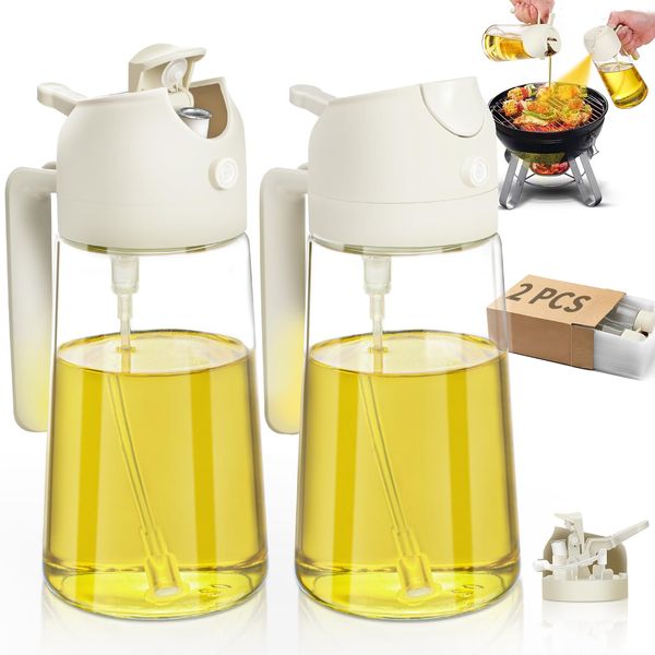 Oil Sprayer for Cooking 2pcs,2 in 1 Oil Dispenser and Oil Sprayer 16oz/470ml-DWTS Glass Oil Spray Bottle,Mist Olive Oil Dispenser for Kitchen,Air Fryer,Salad, Grill (White)