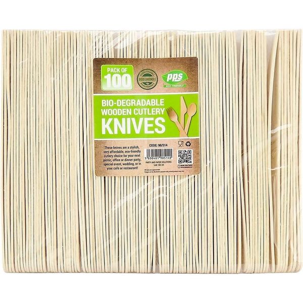 100 x Enviro Wooden Knives - Biodegradable Compostable Disposable Cutlery 100% Birchwood