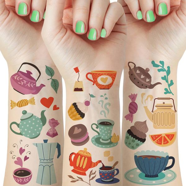 60 Pieces Tea Party Temporary Tattoos Birthday Party Decorations Supplies Favor, Teapot Teacup Cupcakes Tea Kettle Fake Tattoo Stickers for Kids Girls Boys Gifts