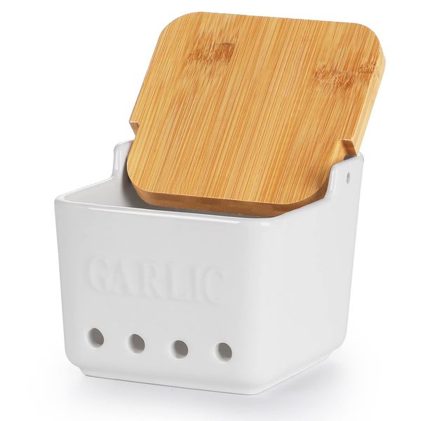 ONTUBE Garlic Keeper with Lid, Ceramic Garlic Holder Storage, Garlic Container for Kitchen, Garlic Saver to Keep Your Garlic Cloves Fresh Longer 4.7-Inch, White