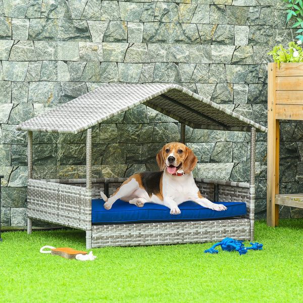 Elevated Wicker Dog House Raised Rattan Pet Bed Cabana w/ Cushion Canopy Blue