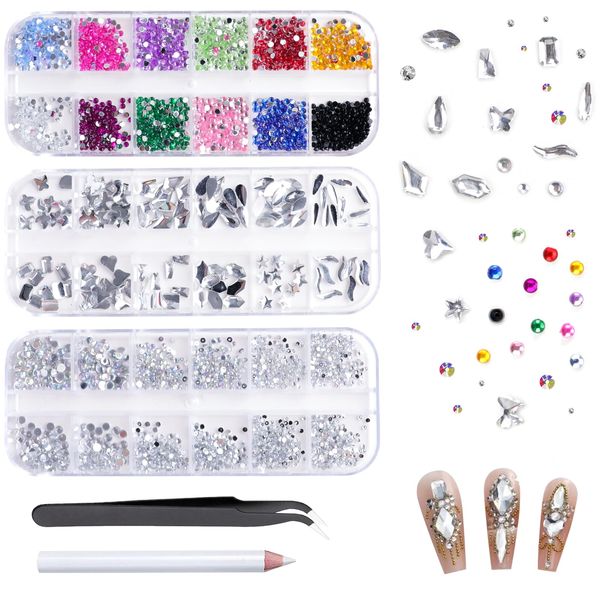 EOAMGO Nail Gems, 4620PCS Nail Art Rhinestones, Rhinestones for Craft 3D Dimensional Crystals Nail Rhinestones Glitterbels Flat Back Gems with Rhinestone Crayons and Tweezers Nail Art Tools