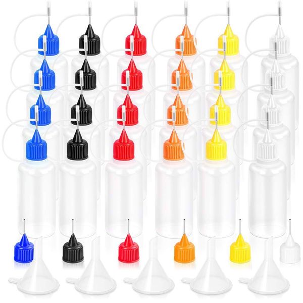 Precision Tip Applicator Bottles 30ml for DIY Quilling Craft Painting, Needle Oiler Bottle, Alcohol Ink Yupo Paper- 30pcs Colored Tips / 5 Pcs Mini Funnel
