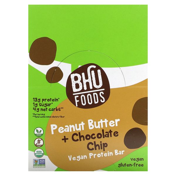 BHU Foods Fit Vegan Protein Bar Peanut Butter Chocolate Chip 12 Count