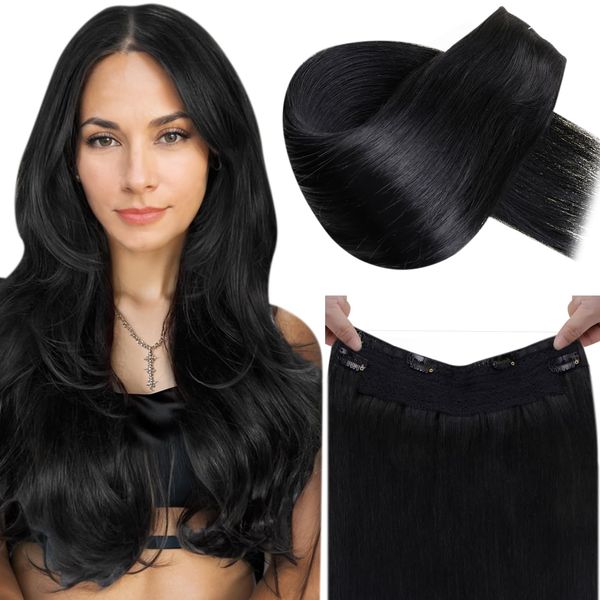 LaaVoo Invisible Secret Wire Extensions Echthaar Schwarz Extensions Echthaar mit Unsichtbarem Draht Schwarz #1 Fish Line Hair Extensions Echthaar mit Draht Glatt 100g/Paket 50cm