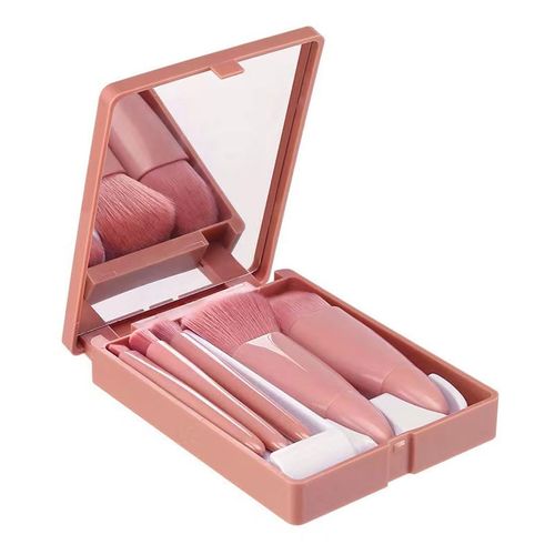 BZKSER Make up brush set, 5 pieces travel cosmetic brush set with mirror box, portable make-up brush, professional cosmetic brush with case, vegan face brush, eye shadow brush for travel, powder,