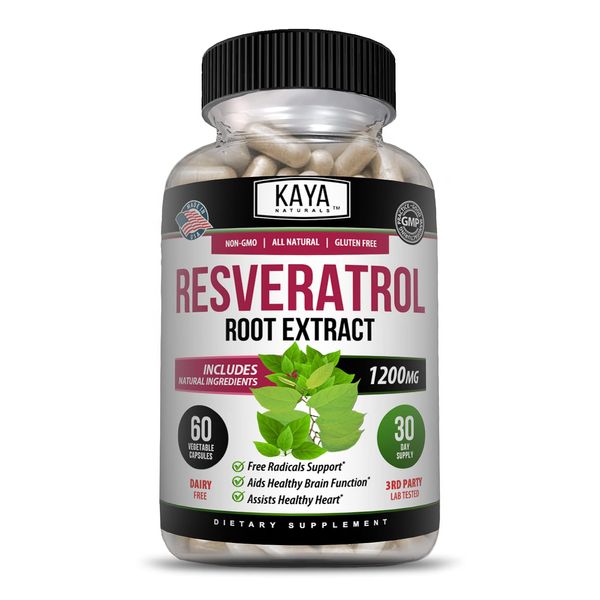 Kaya Naturals - Resveratrol Capsules - Anti Aging Supplement - Antioxidants with Brain Support - Maximum Benefits - 60 Veggies Capsules