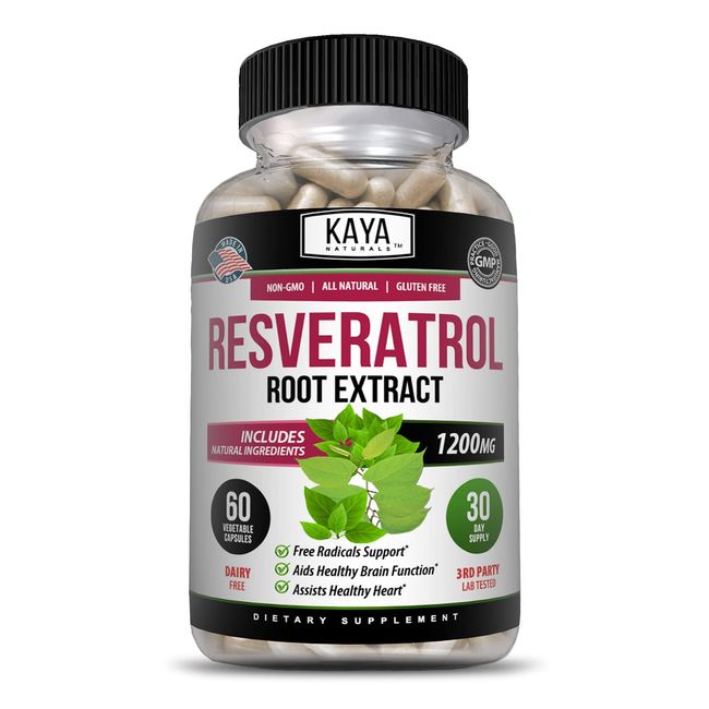 Kaya Naturals - Resveratrol Capsules - Anti Aging Supplement - Antioxidants with Brain Support - Maximum Benefits - 60 Veggies Capsules
