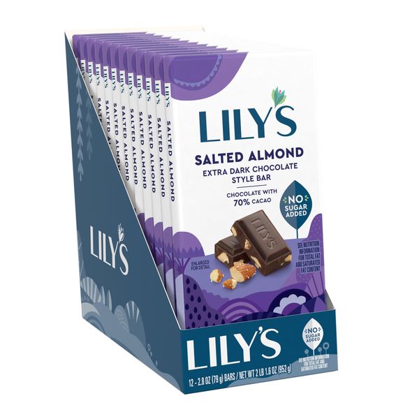 LILY'S Salted Almond Extra Dark Chocolate Style No Sugar Added, Sweets Bars, 2.8 oz (12 Count)