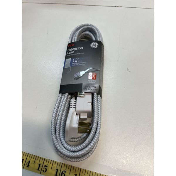 GE Indoor Extension Cord,  12Ft Power Cable, 3 Polarized Outlets