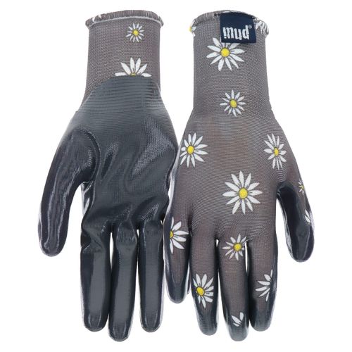 MUD Simply Women's Daisy Printed Nitrile Coated Palm Garden Gloves, Superior Grip, Extreme Comfort, Gray, Medium/Large, (MD31001G-WML)